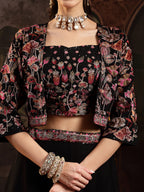 Women's Black Solid & Embroidered Georgette Lehenga Choli With Short Jacket