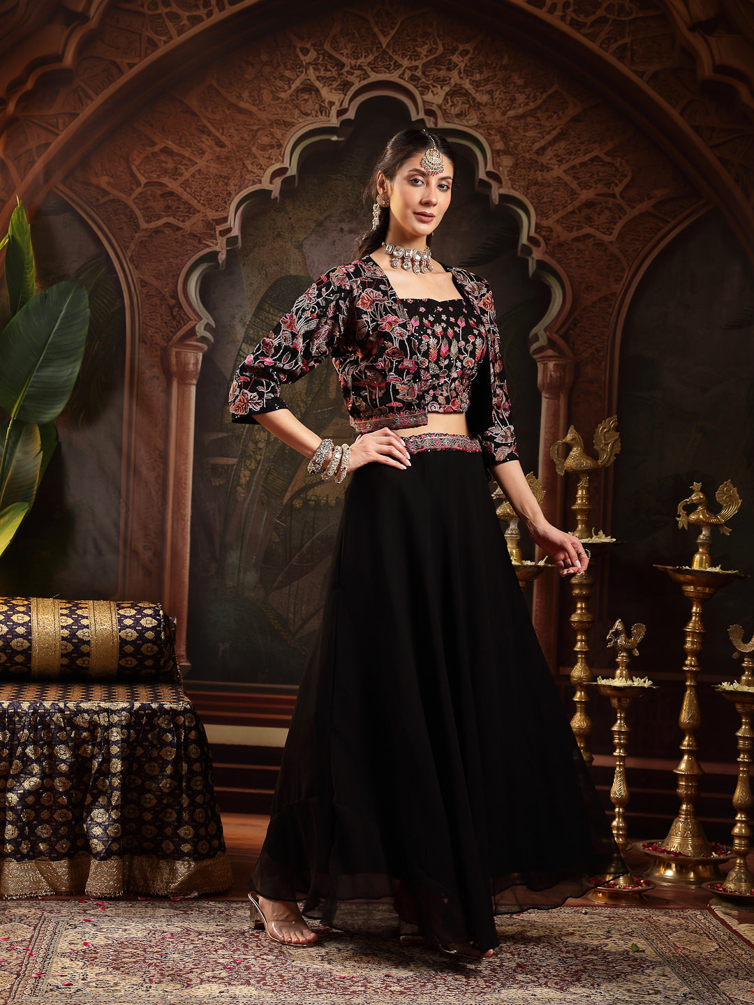 Women's Black Solid & Embroidered Georgette Lehenga Choli With Short Jacket