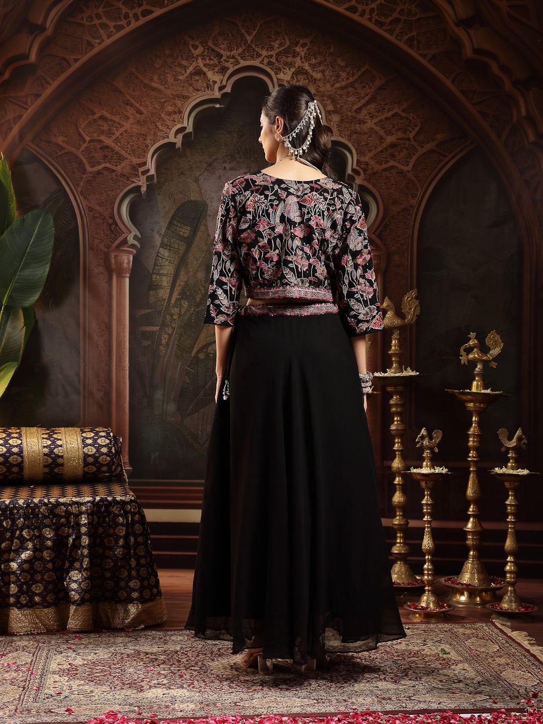 Women's Black Solid & Embroidered Georgette Lehenga Choli With Short Jacket