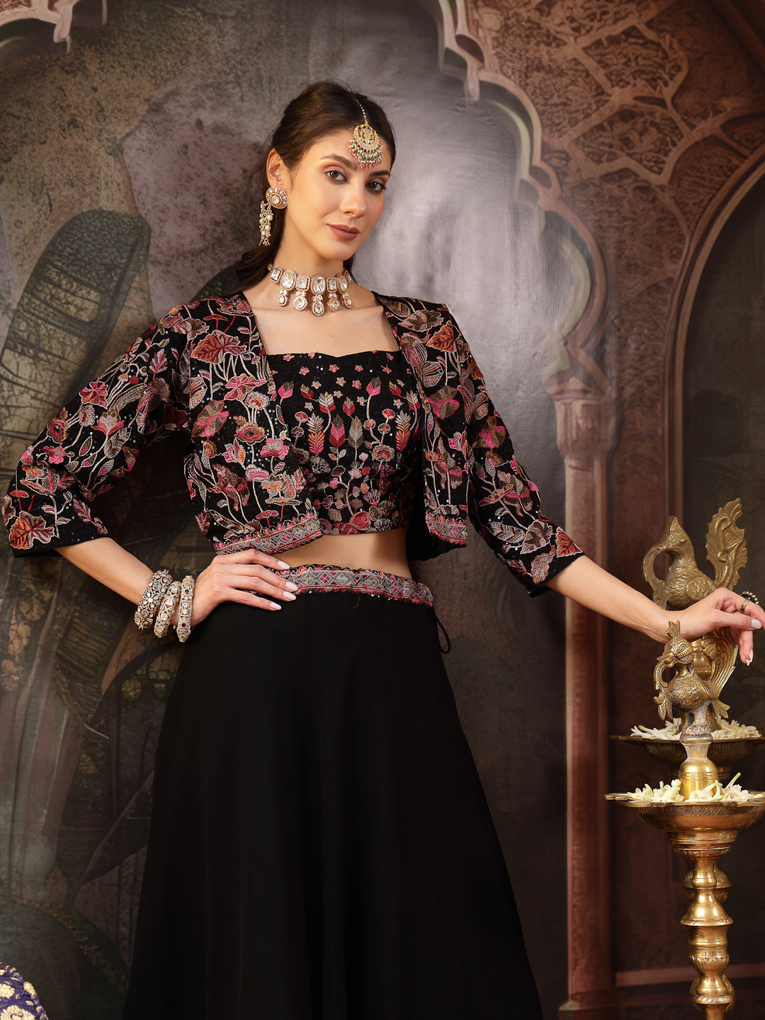 Women's Black Solid & Embroidered Georgette Lehenga Choli With Short Jacket
