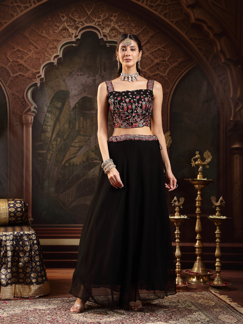 Women's Black Solid & Embroidered Georgette Lehenga Choli With Short Jacket