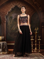 Women's Black Solid & Embroidered Georgette Lehenga Choli With Short Jacket