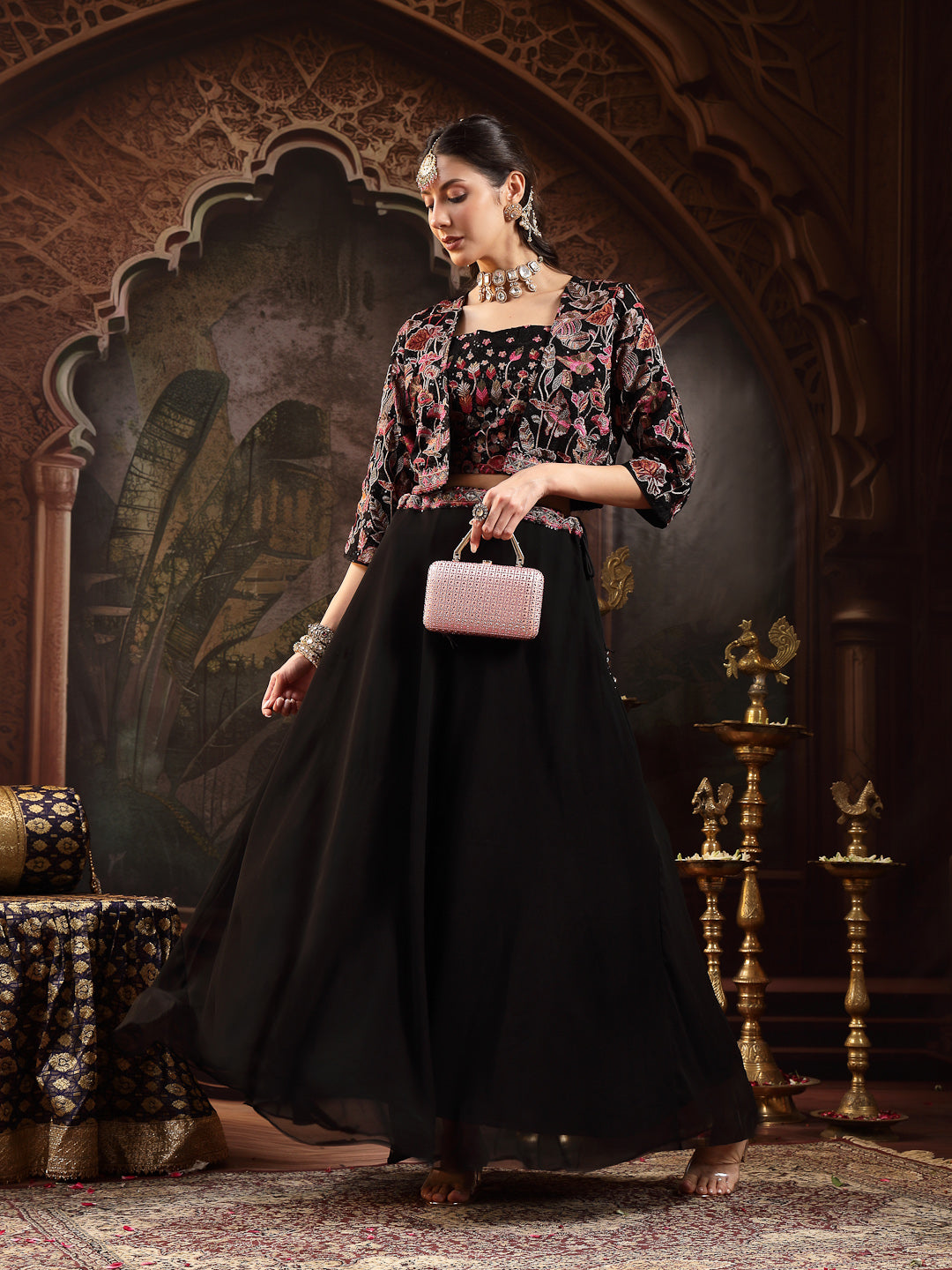 Women's Black Solid & Embroidered Georgette Lehenga Choli With Short Jacket