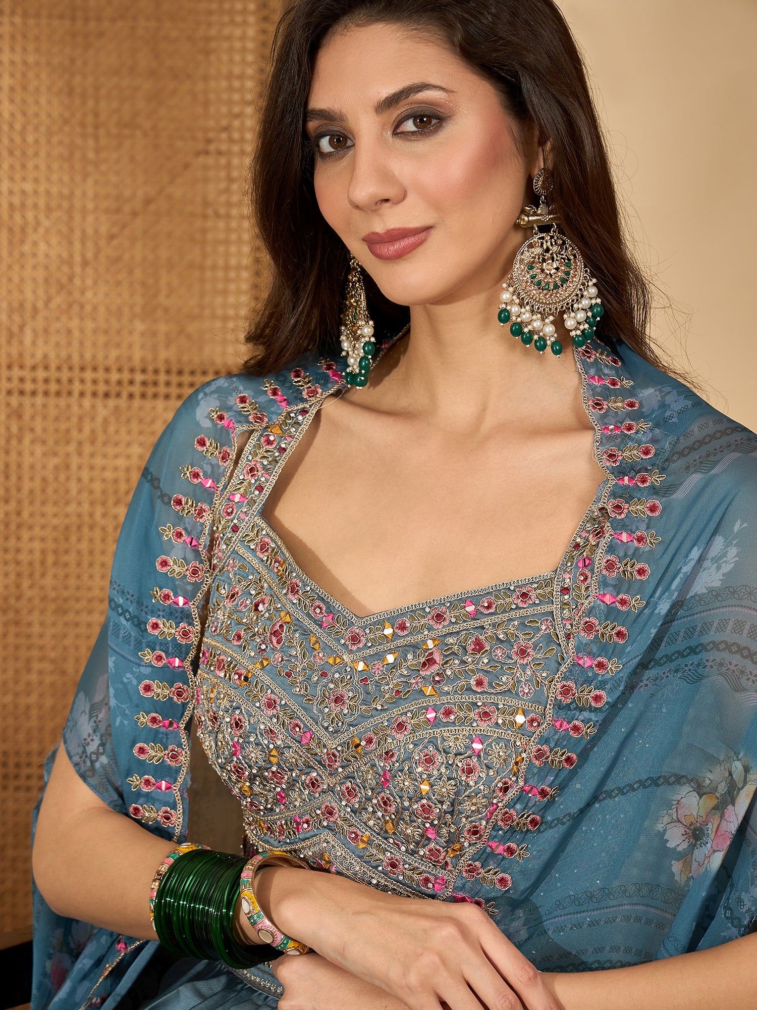 Women's Blue Solid & Embroidered Satin Draped Lehenga Choli With Shrug