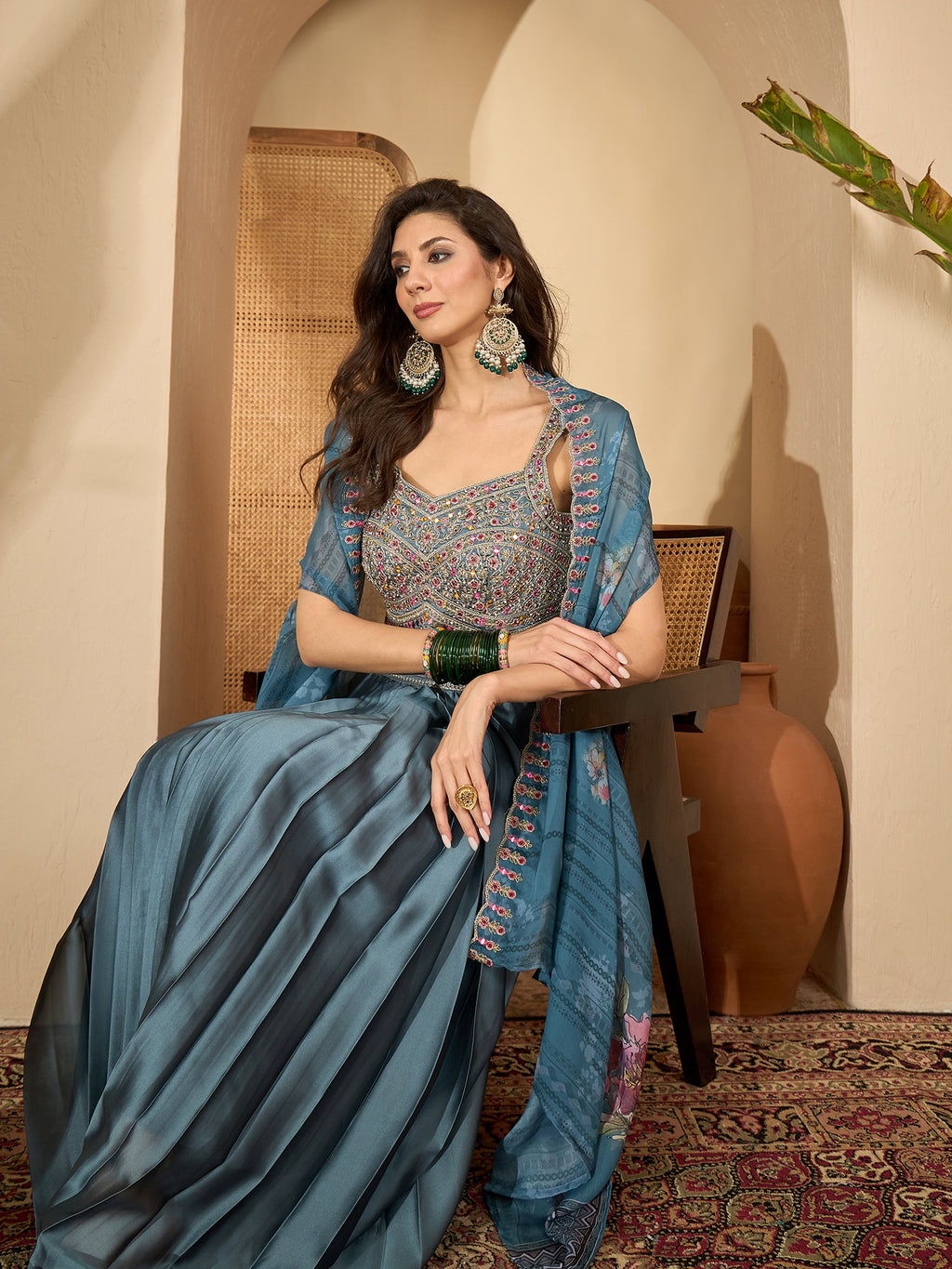 Women's Blue Solid & Embroidered Satin Draped Lehenga Choli With Shrug