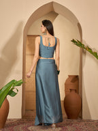 Women's Blue Solid & Embroidered Satin Draped Lehenga Choli With Shrug