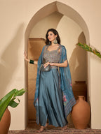 Women's Blue Solid & Embroidered Satin Draped Lehenga Choli With Shrug