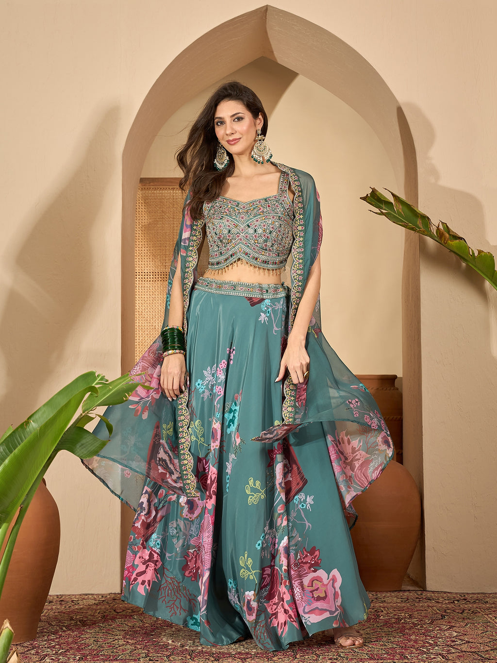 Women's Green Printed & Embroidered Satin Lehenga Choli With Shrug