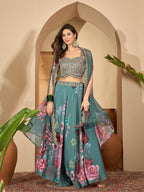 Women's Green Printed & Embroidered Satin Lehenga Choli With Shrug