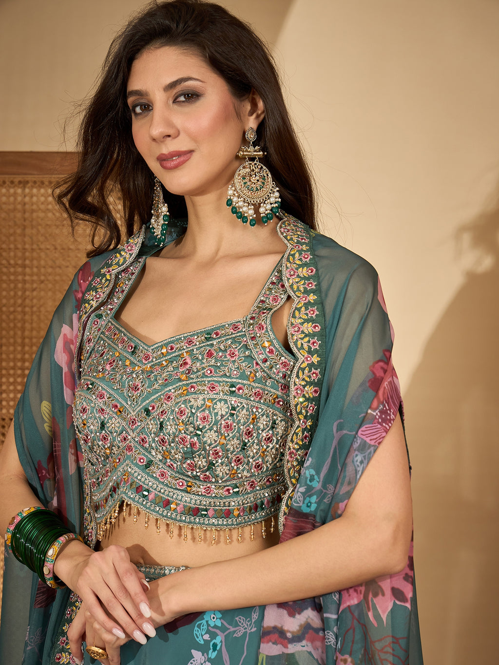 Women's Green Printed & Embroidered Satin Lehenga Choli With Shrug