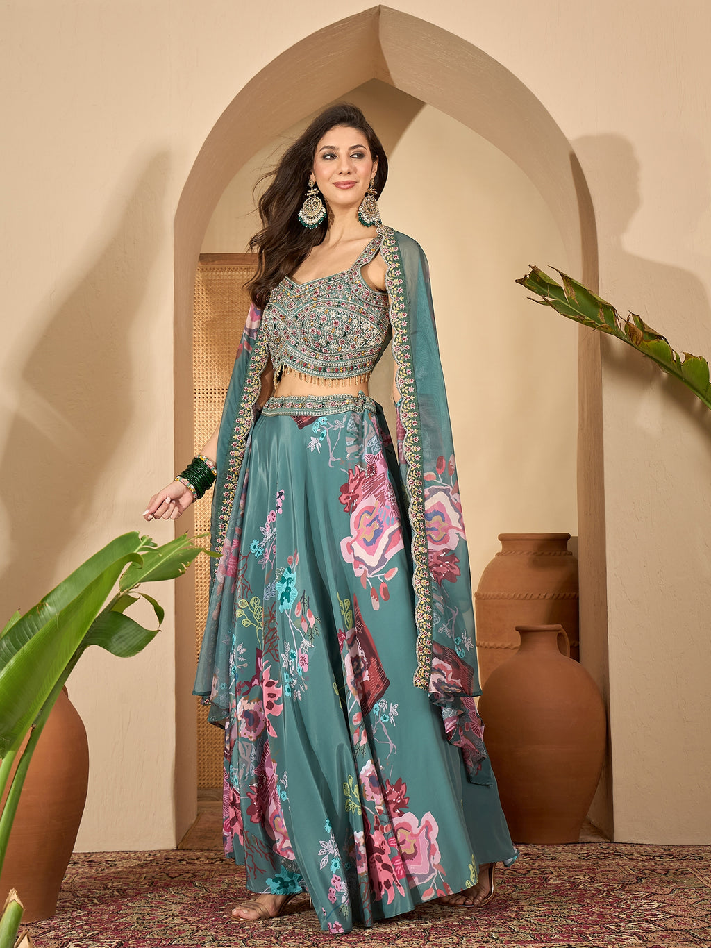 Women's Green Printed & Embroidered Satin Lehenga Choli With Shrug