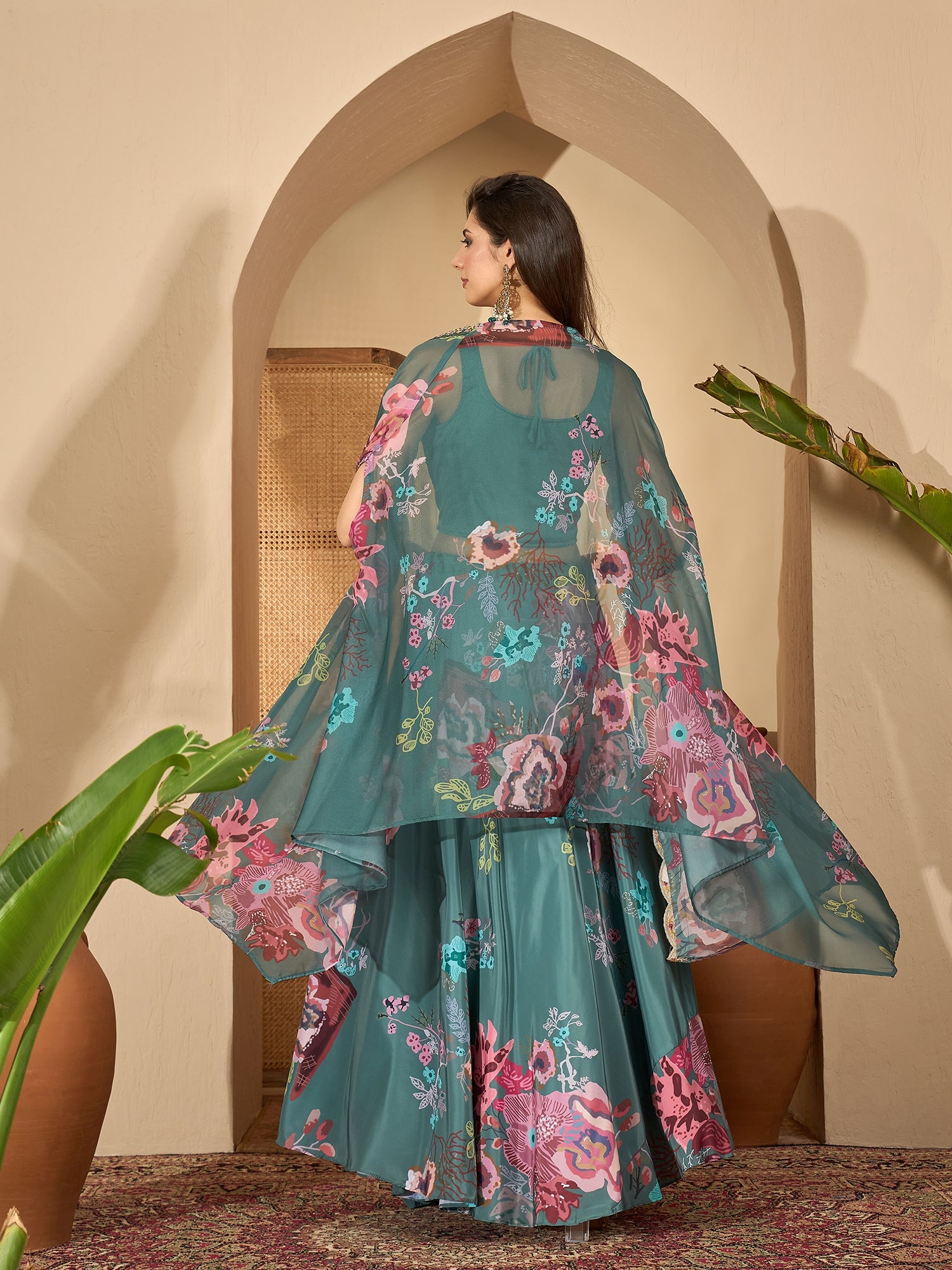 Women's Green Printed & Embroidered Satin Lehenga Choli With Shrug