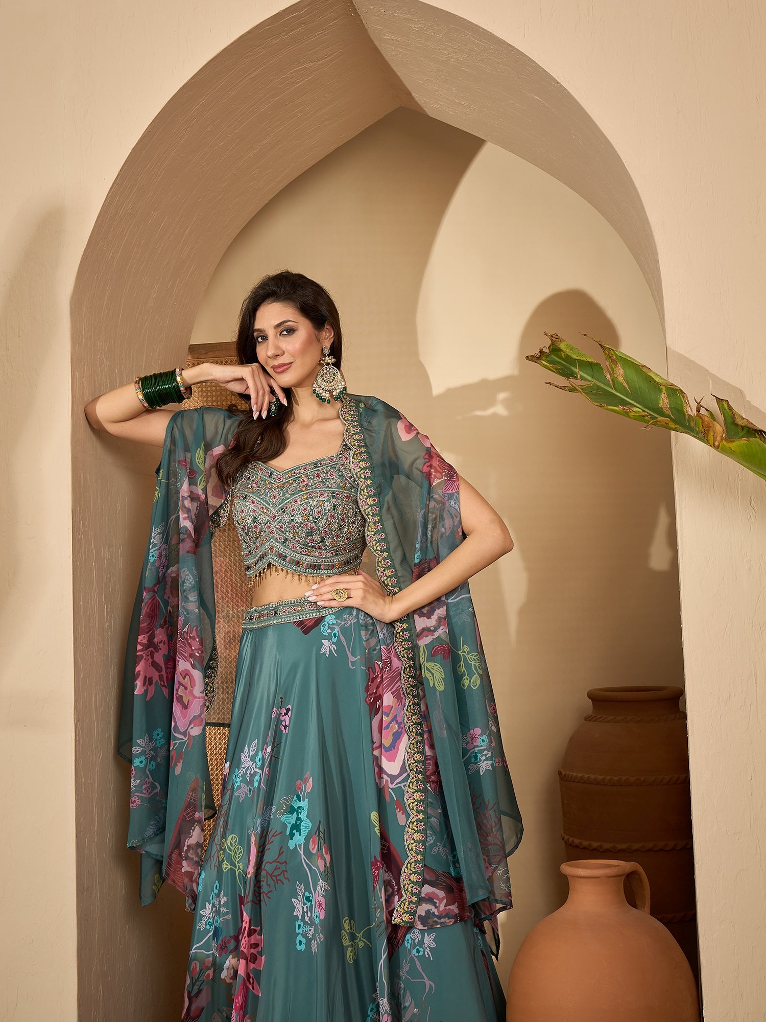 Women's Green Printed & Embroidered Satin Lehenga Choli With Shrug