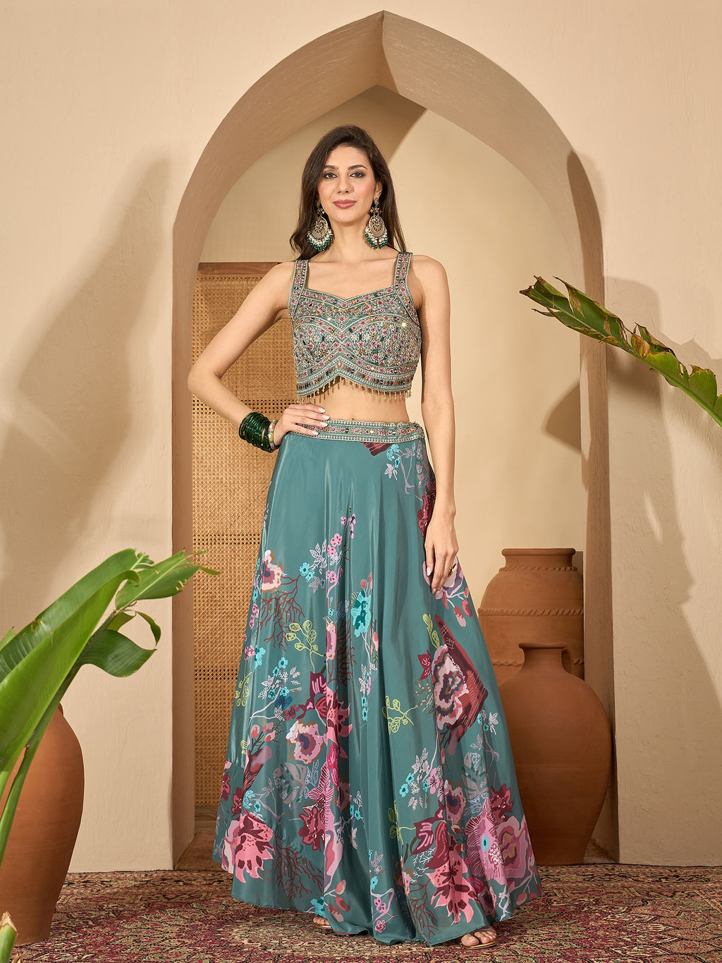 Women's Green Printed & Embroidered Satin Lehenga Choli With Shrug
