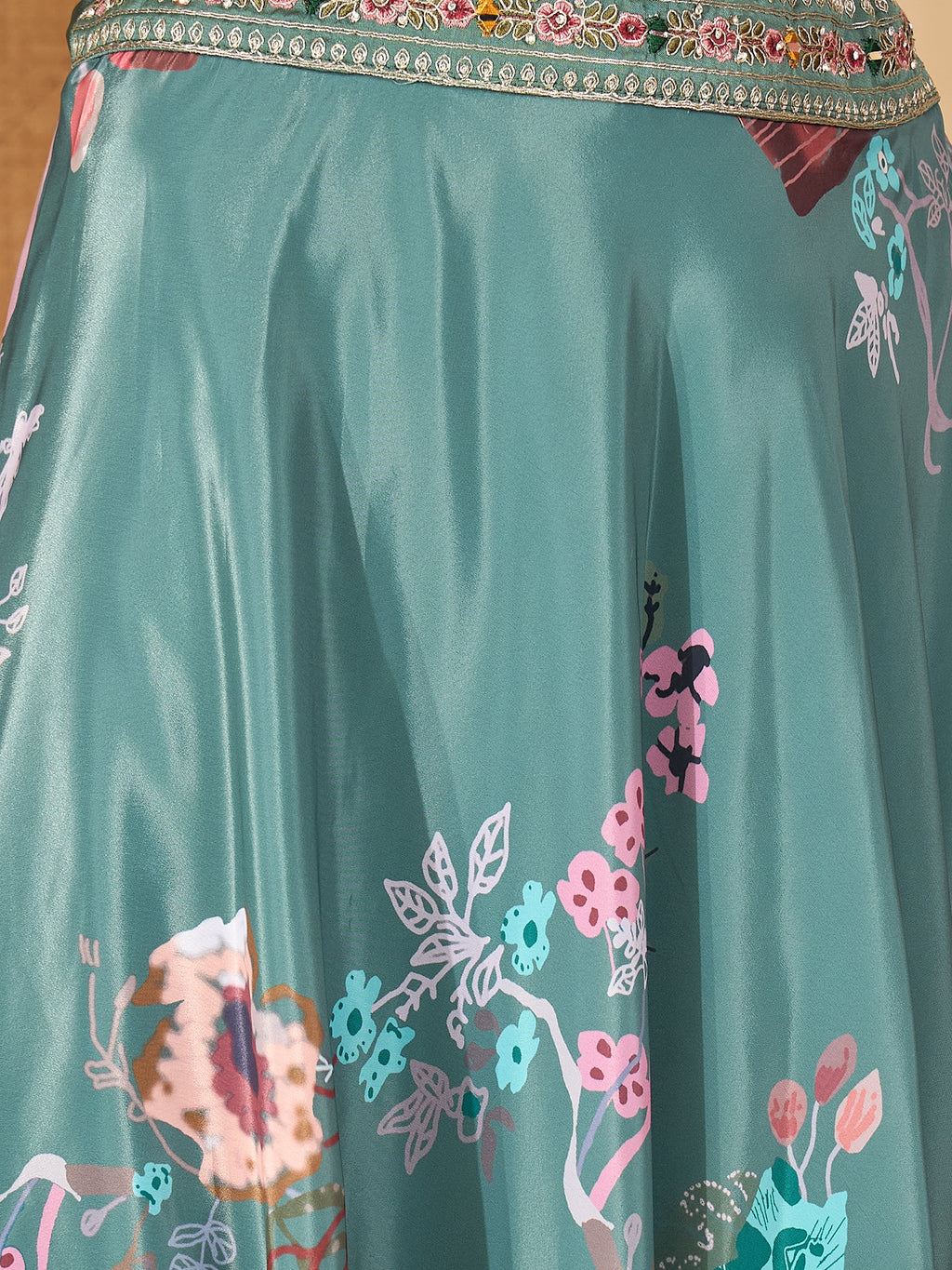 Women's Green Printed & Embroidered Satin Lehenga Choli With Shrug