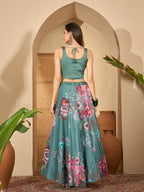 Women's Green Printed & Embroidered Satin Lehenga Choli With Shrug