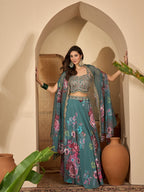 Women's Green Printed & Embroidered Satin Lehenga Choli With Shrug