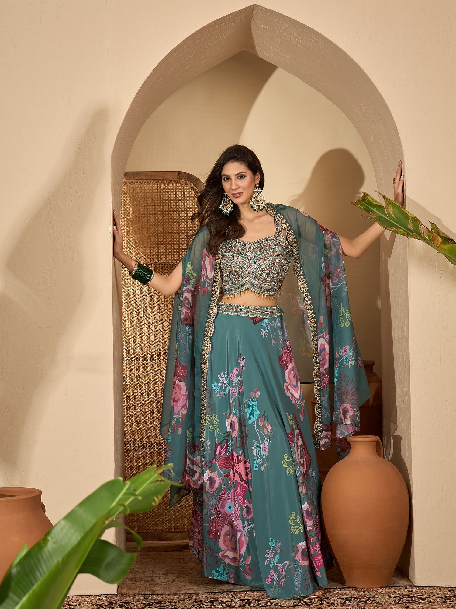 Women's Green Printed & Embroidered Satin Lehenga Choli With Shrug