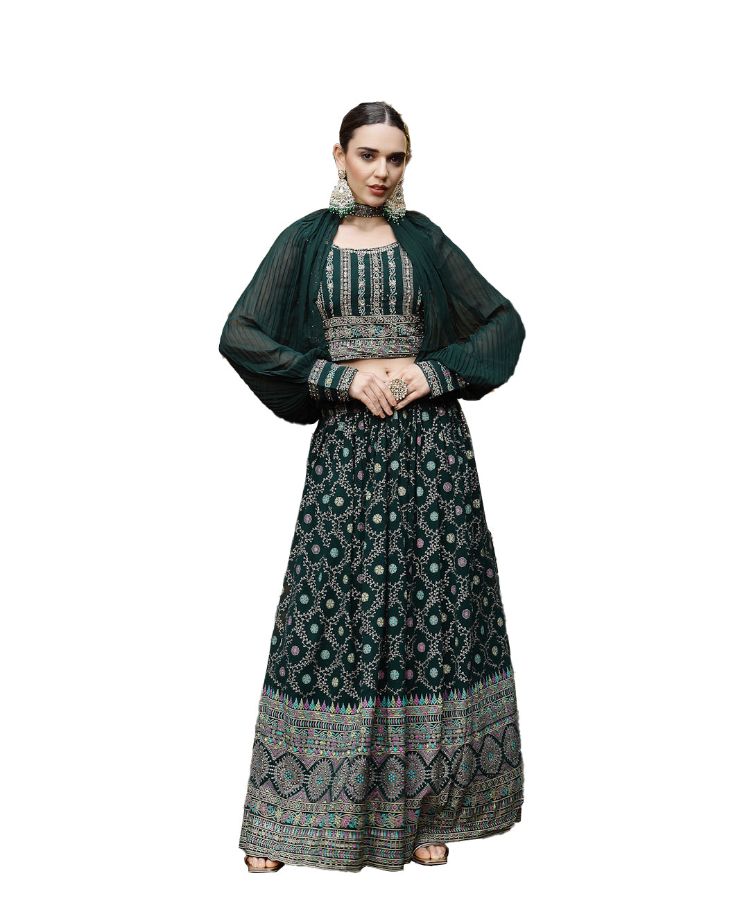 Women's Green Ethnic Motif Printed Georgette Lehenga & Blouse