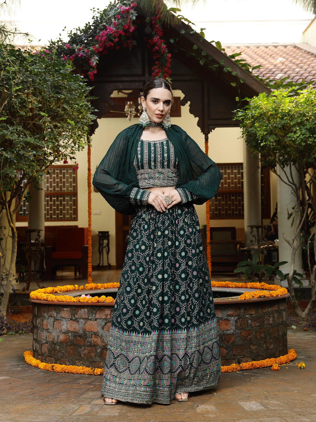 Women's Green Ethnic Motif Printed Georgette Lehenga & Blouse