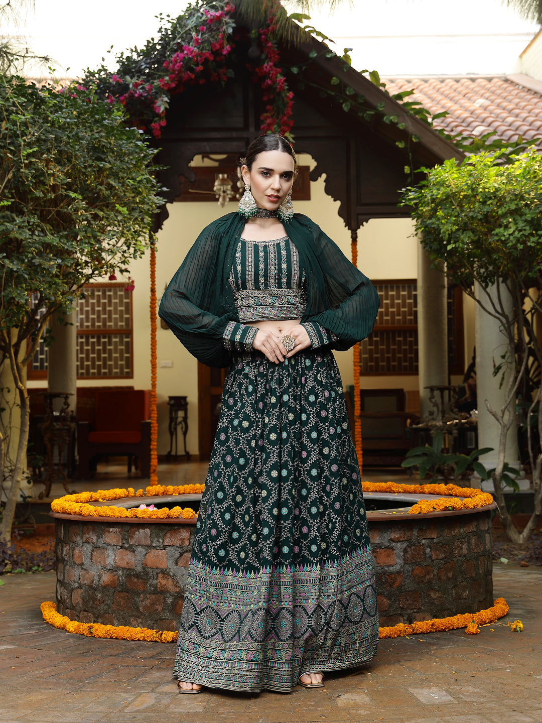 Women's Green Ethnic Motif Printed Georgette Lehenga & Blouse