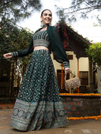 Women's Green Ethnic Motif Printed Georgette Lehenga & Blouse