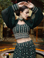 Women's Green Ethnic Motif Printed Georgette Lehenga & Blouse