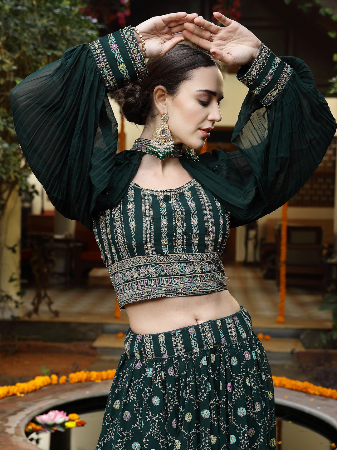 Women's Green Ethnic Motif Printed Georgette Lehenga & Blouse