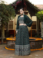Women's Green Ethnic Motif Printed Georgette Lehenga & Blouse