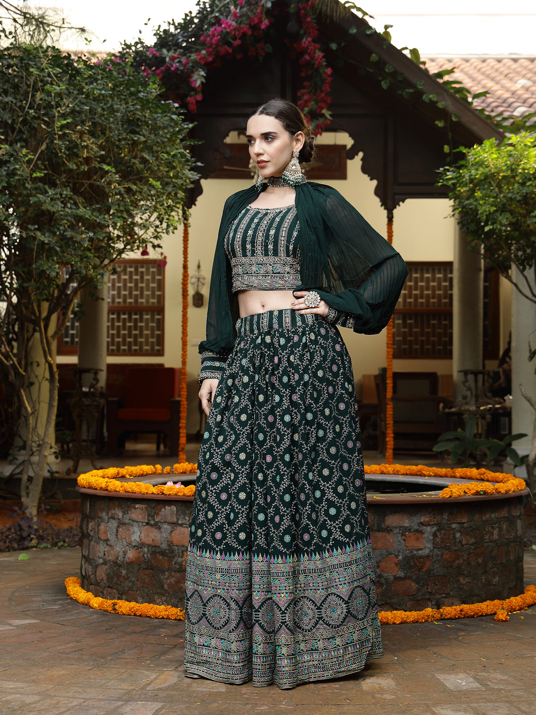 Women's Green Ethnic Motif Printed Georgette Lehenga & Blouse