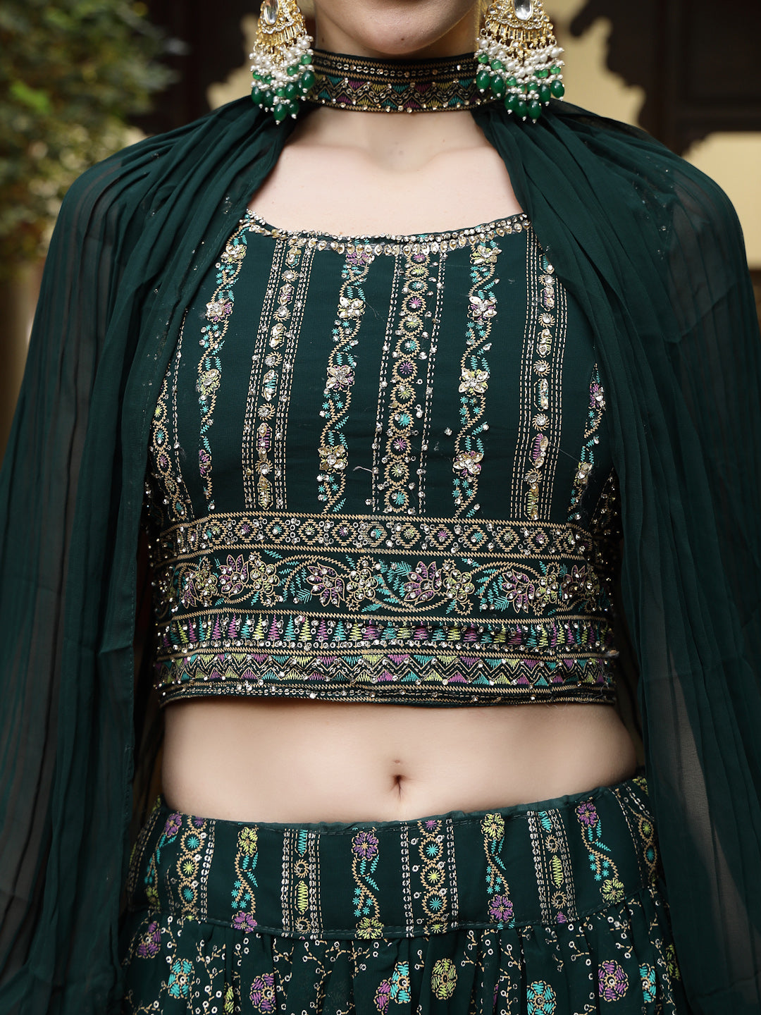 Women's Green Ethnic Motif Printed Georgette Lehenga & Blouse