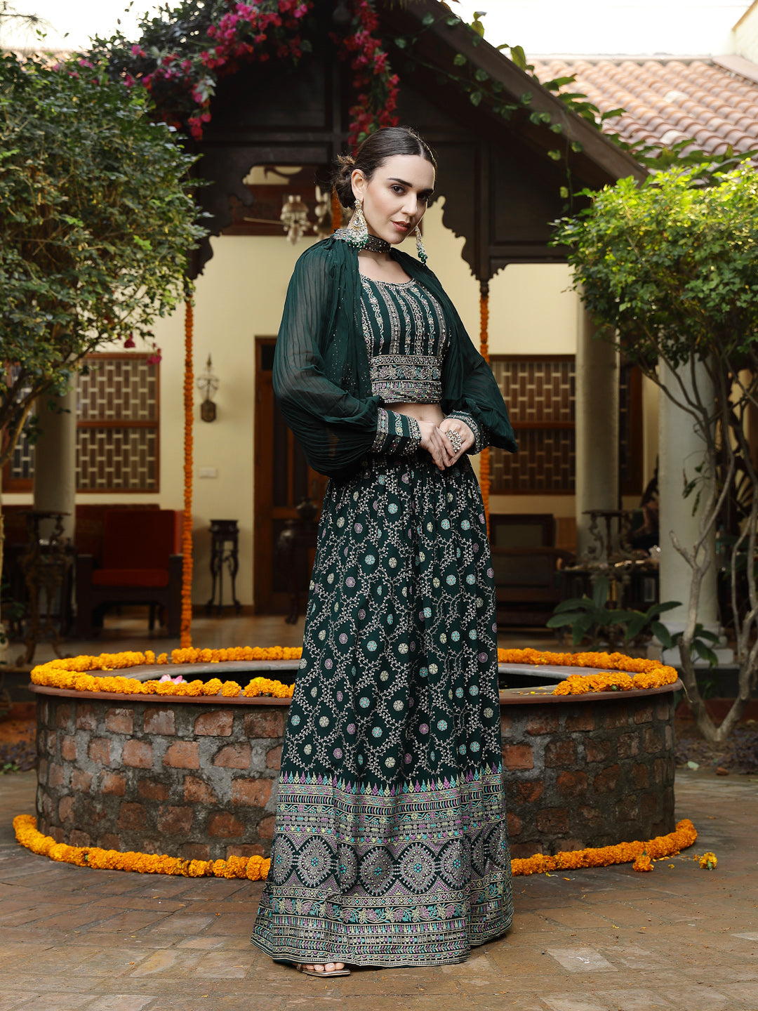 Women's Green Ethnic Motif Printed Georgette Lehenga & Blouse