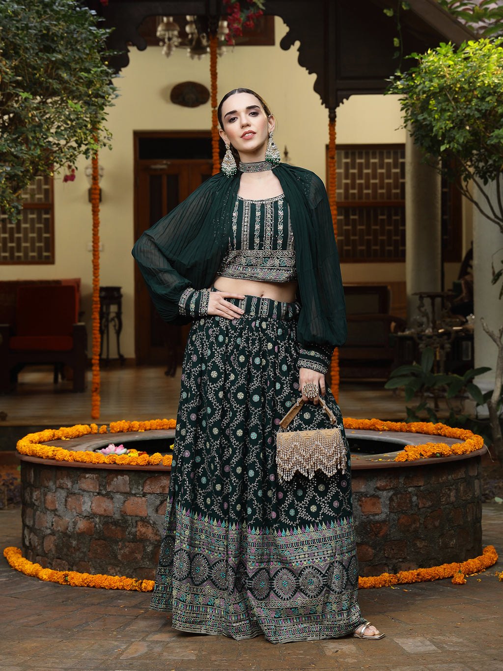Women's Green Ethnic Motif Printed Georgette Lehenga & Blouse
