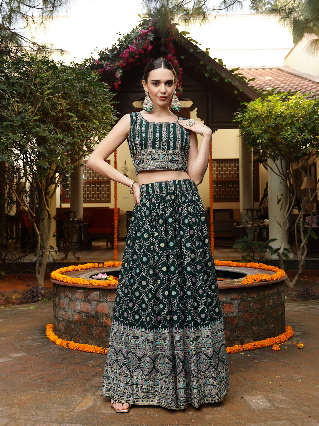 Women's Green Ethnic Motif Printed Georgette Lehenga & Blouse