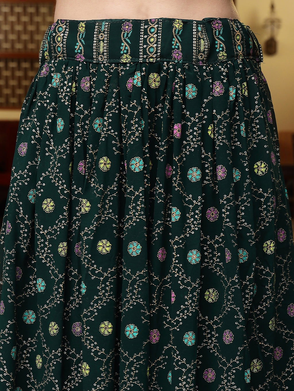 Women's Green Ethnic Motif Printed Georgette Lehenga & Blouse
