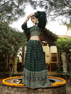 Women's Green Ethnic Motif Printed Georgette Lehenga & Blouse