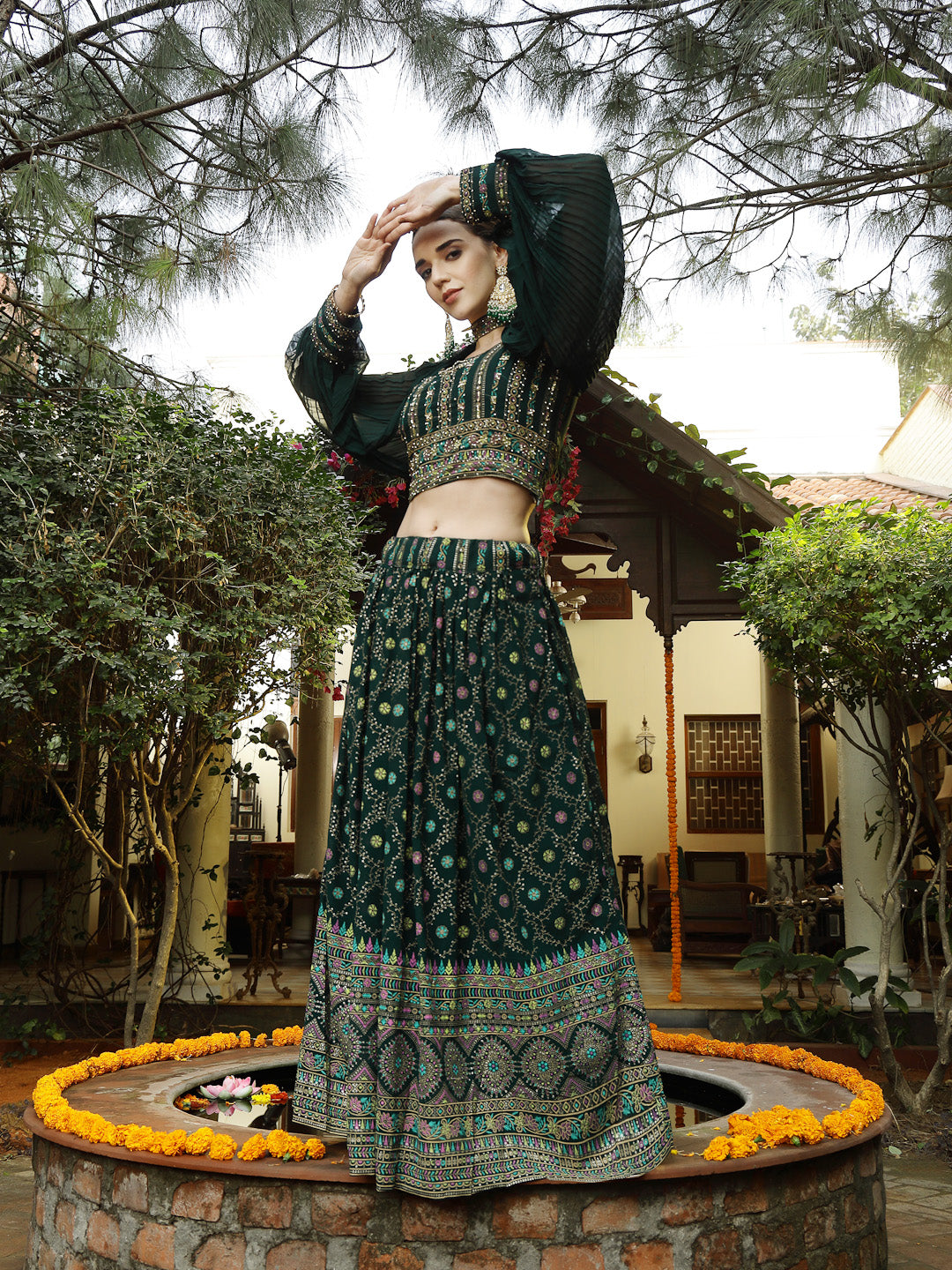 Women's Green Ethnic Motif Printed Georgette Lehenga & Blouse