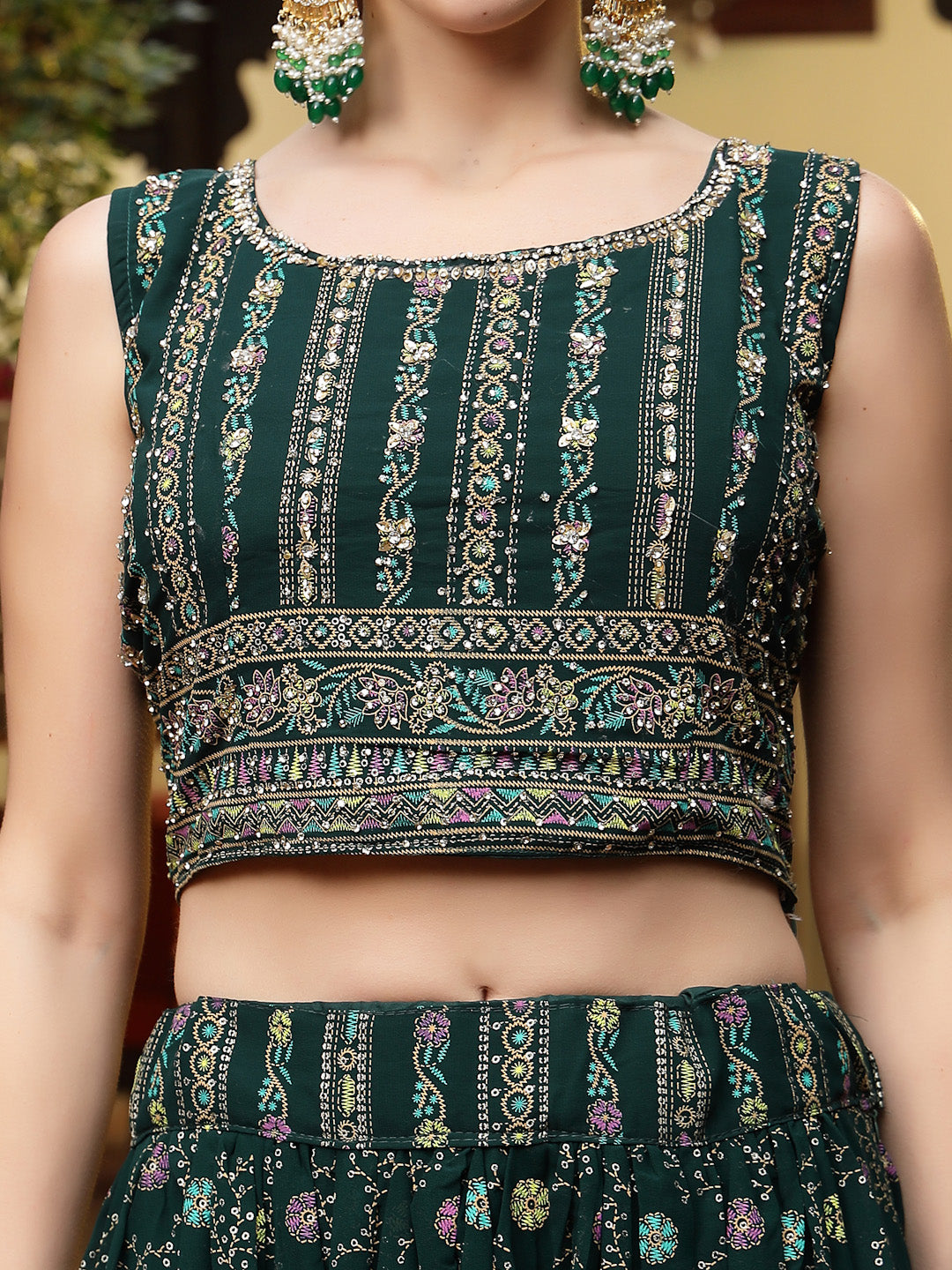 Women's Green Ethnic Motif Printed Georgette Lehenga & Blouse