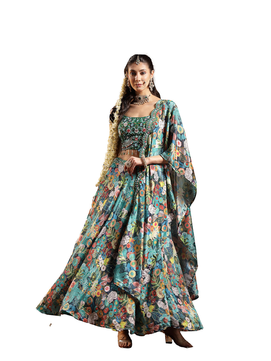 Women's Green Floral Printed & Embroidered Silk Blend Lehenga Choli With Dupatta