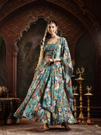 Women's Green Floral Printed & Embroidered Silk Blend Lehenga Choli With Dupatta