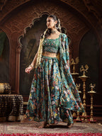 Women's Green Floral Printed & Embroidered Silk Blend Lehenga Choli With Dupatta