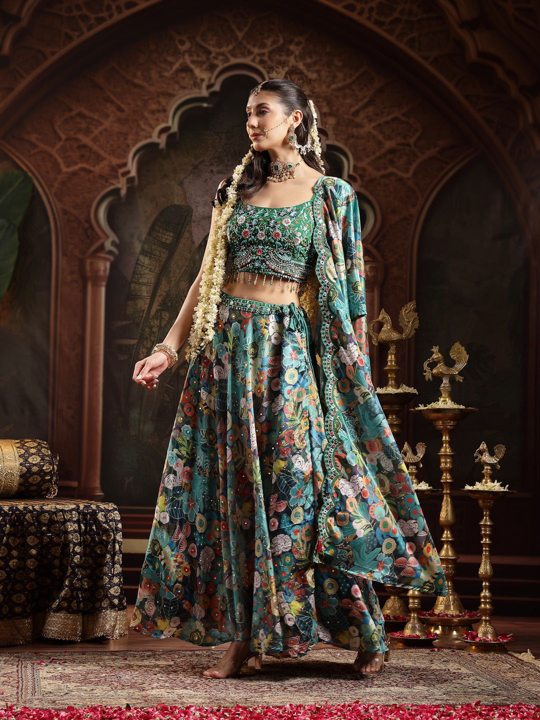 Women's Green Floral Printed & Embroidered Silk Blend Lehenga Choli With Dupatta