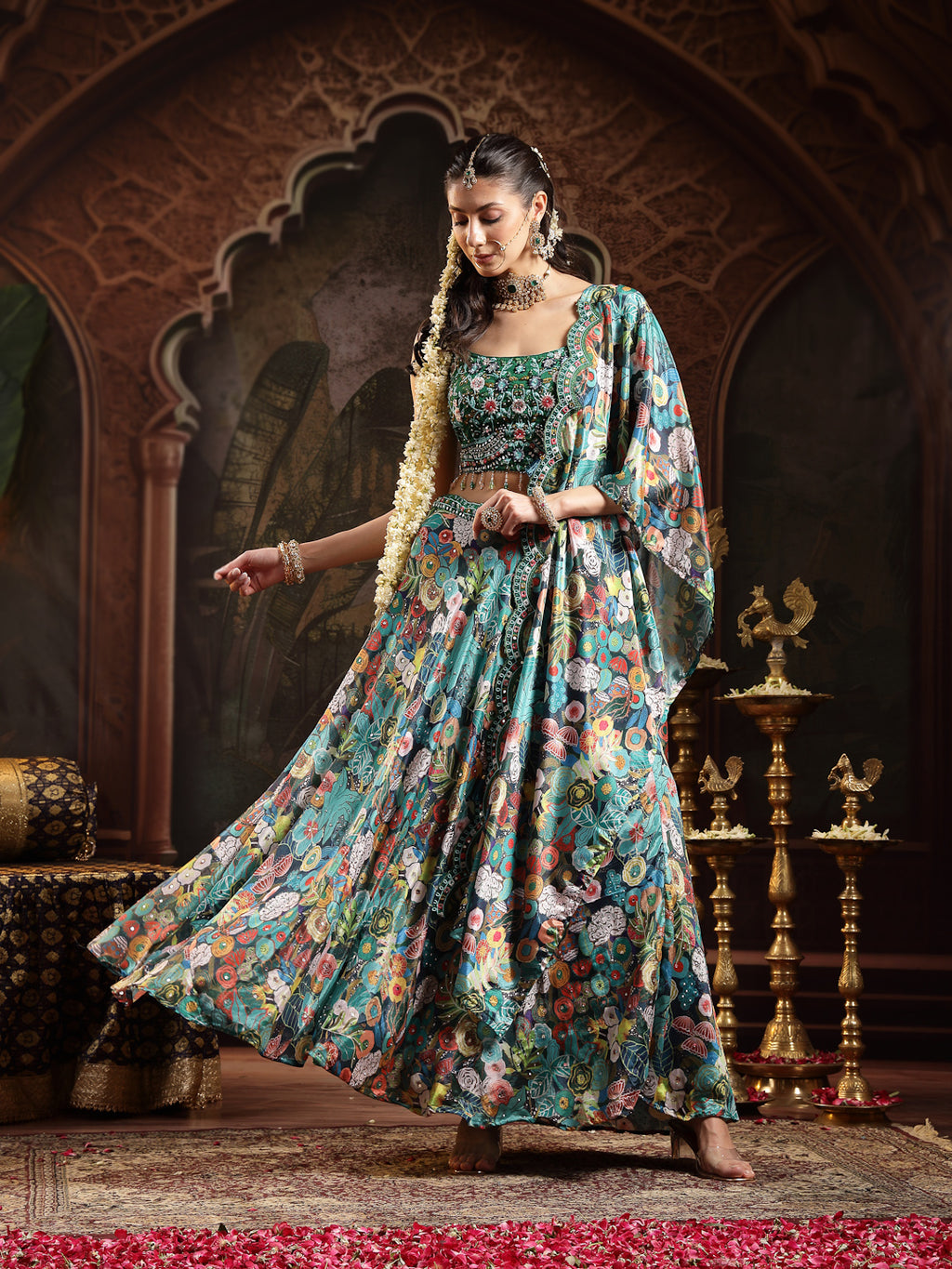 Women's Green Floral Printed & Embroidered Silk Blend Lehenga Choli With Dupatta