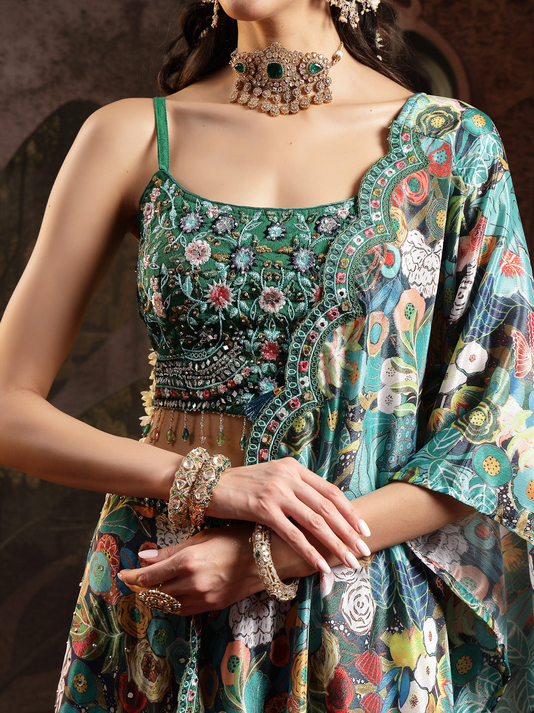 Women's Green Floral Printed & Embroidered Silk Blend Lehenga Choli With Dupatta