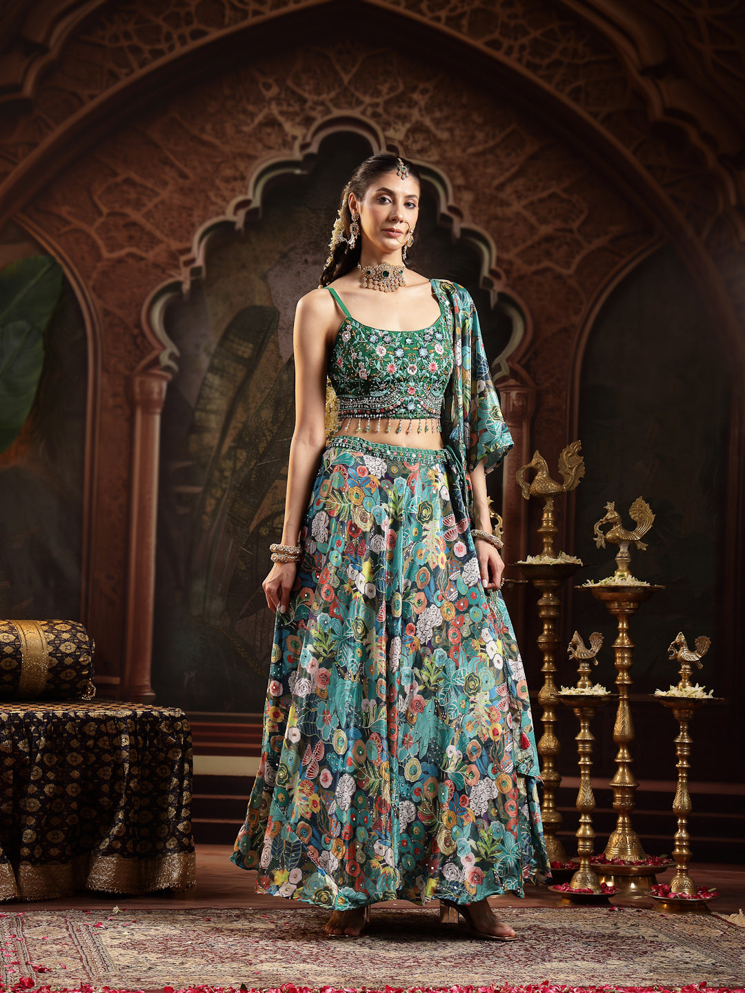 Women's Green Floral Printed & Embroidered Silk Blend Lehenga Choli With Dupatta