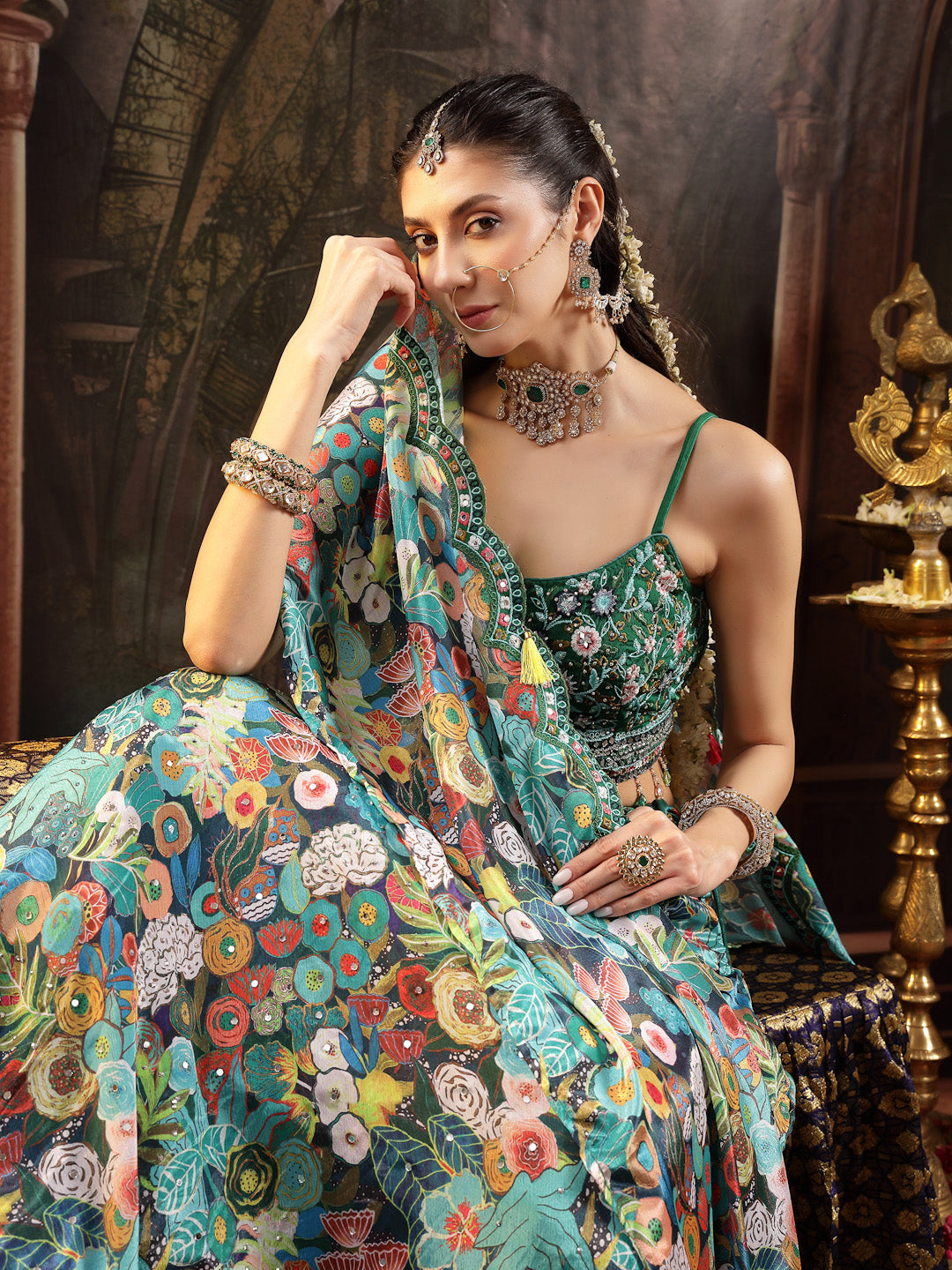 Women's Green Floral Printed & Embroidered Silk Blend Lehenga Choli With Dupatta