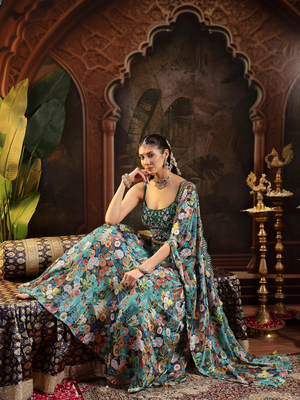 Women's Green Floral Printed & Embroidered Silk Blend Lehenga Choli With Dupatta