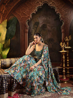 Women's Green Floral Printed & Embroidered Silk Blend Lehenga Choli With Dupatta