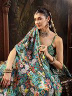 Women's Green Floral Printed & Embroidered Silk Blend Lehenga Choli With Dupatta