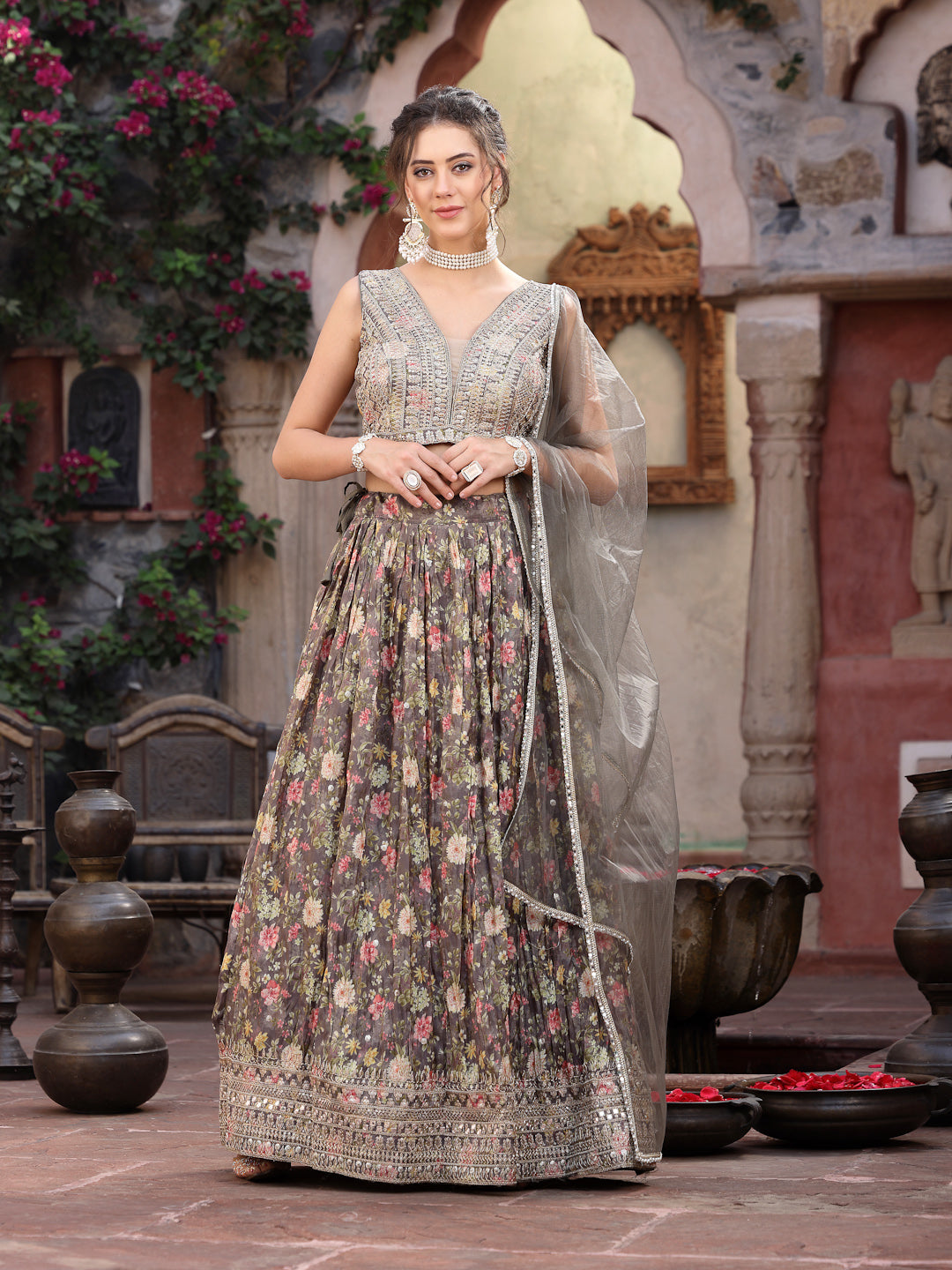 Women's Floral Printed & Embroidered Silk Blend Lehenga Dupatta with Blouse